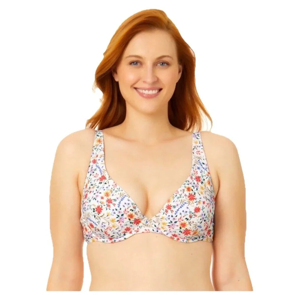 Time & Tru Ditsy Botanical White Bra Underwire Bikini Top Size Medium Womens